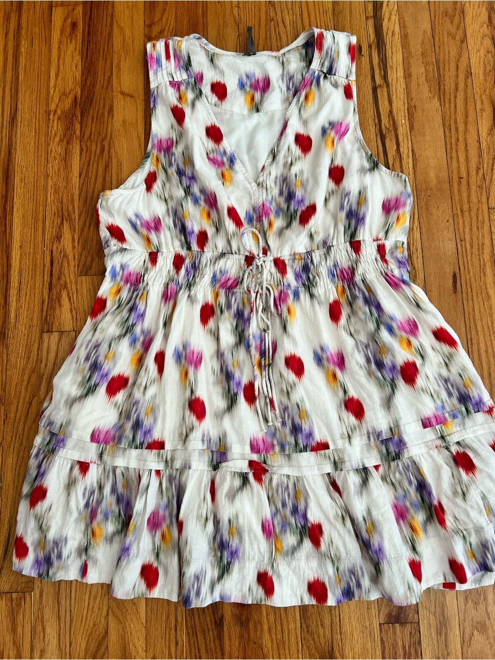 Anthropologie Cream Sleeveless Floral Spot Tie-Waist Mini Dress